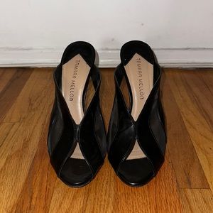 Tamara Mellon black leather and mesh mule heel sandal